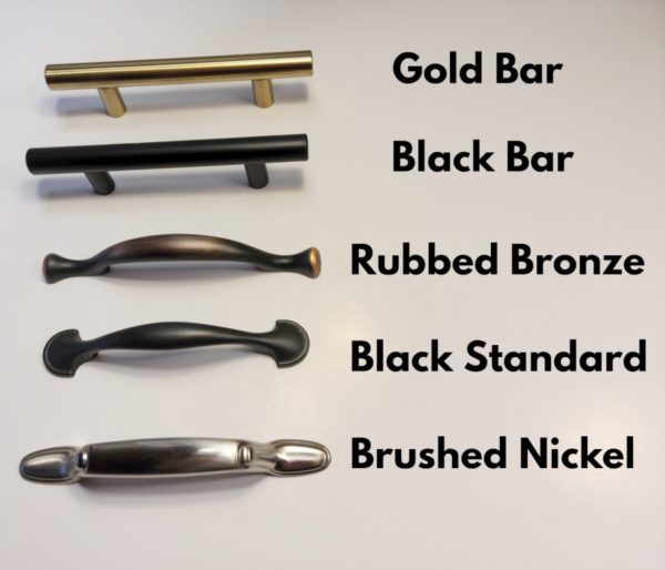 Handle Choices - Gold Bar, Black Bar, Rubbed Bronze, Black Standard and Brushed Nickel