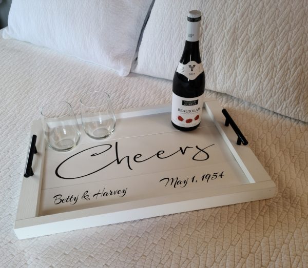 Sample Tray White with Black Text, Black Bar Handles, Text Says Cheers with Names & Date, Wine Bottle & Two Stemless Wine Glasses