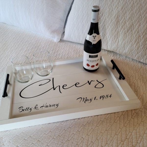Sample Tray White with Black Text, Black Bar Handles, Text Says Cheers with Names & Date, Wine Bottle & Two Stemless Wine Glasses
