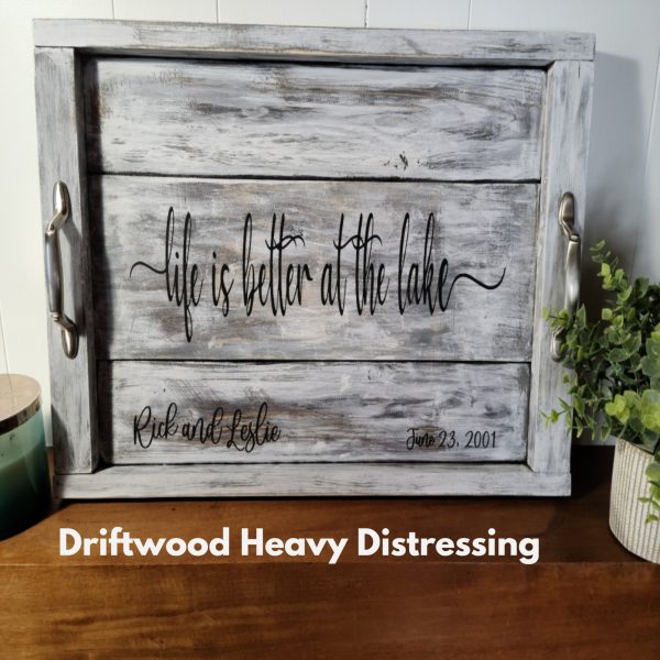 Personalized Wood Tray, finished in Driftwood with Distressing, black text says life is better at the lake, couples names and date, brushed nickel handles