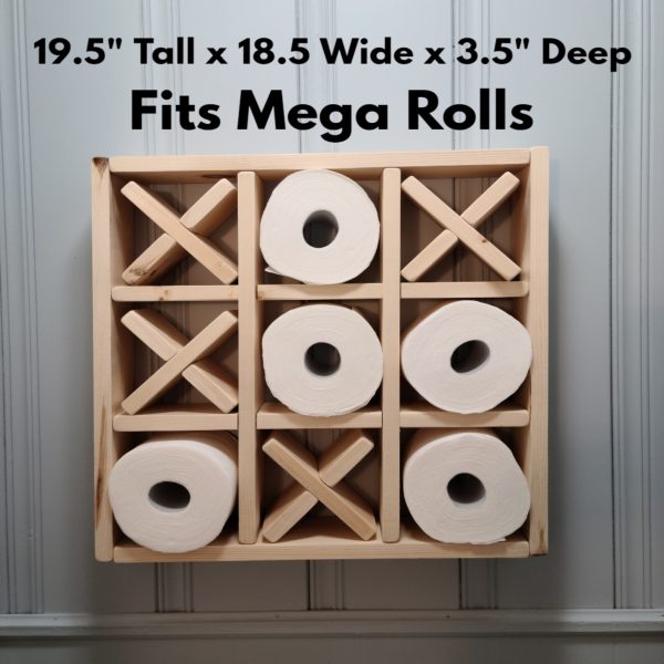 Tic Tac Toe Bathroom Shelf Size Mega Rolls shows dimensions of 19.5 inches Tall by 18.5 inches wide by 3.5 inches deep