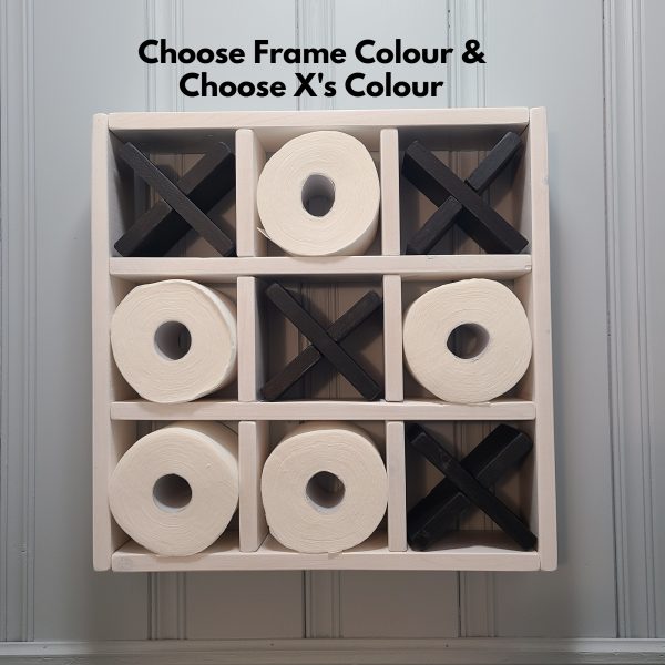 Tic-Tac-Toe Bathroom Shelf - finished in White Wash Frame with 4 Black X's and 5 rolls of toilet paper as the O's