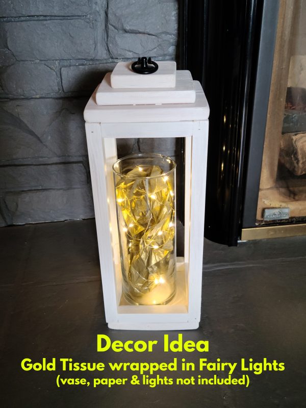 Hanging Wood Lantern Candle Holder - Decor Idea with Glass Vase stuffed with gold tissue paper and wrapped in fairy lights