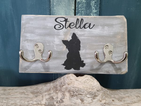 Dog Leash Holder Two Double Hooks Chrome with Yorkie Silhouette in middle - name Stella