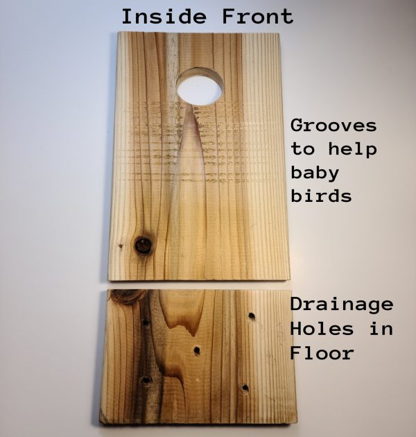 Birdhouse - showing kerfs made inside front panel of birdhouse to help baby birds and bottom panel showing drain holes