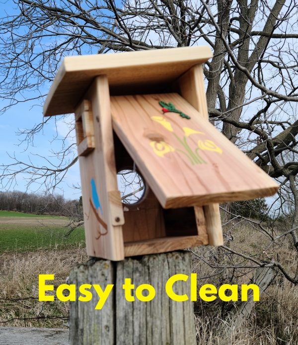 Birdhouse showing tilt out side panel for easy to clean