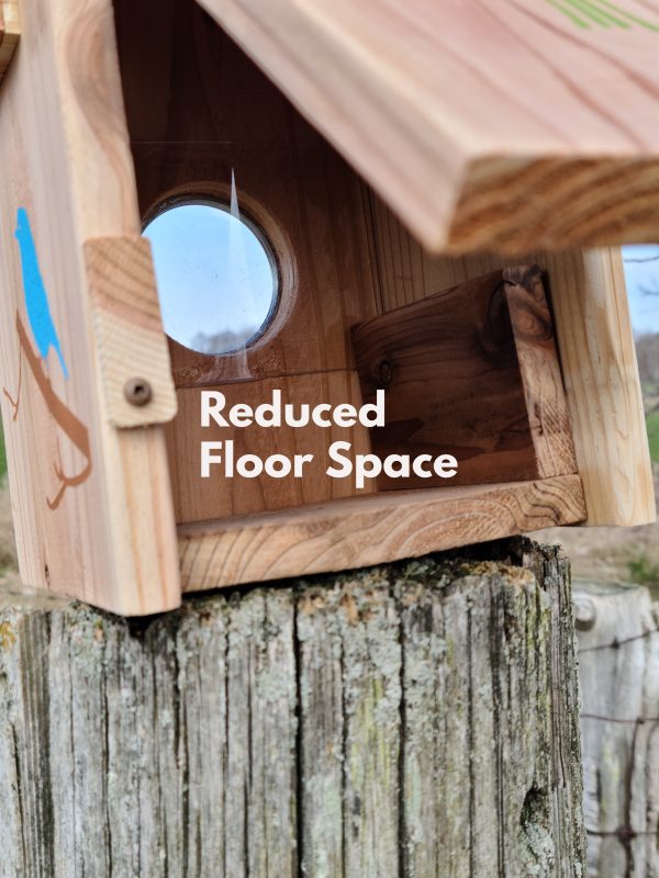 Chickadee Birdhouse showing inside pieces of wood to reduce floor size to proper measurement