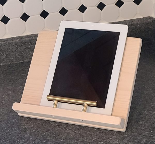 Ipad Recipe Stand shown in natural no finish stand with gold bar handle