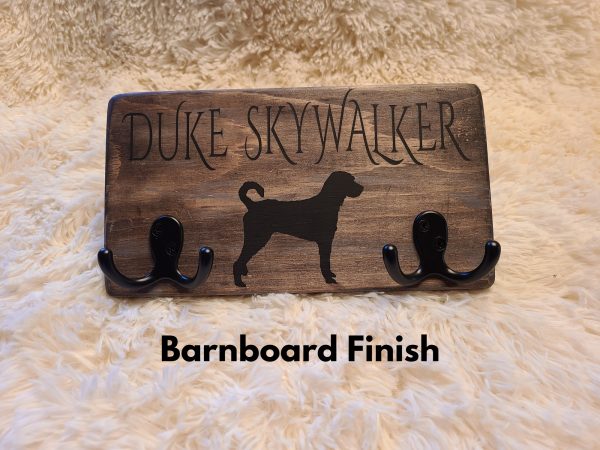 Dog Leash Holder with Name Duke Skywalker in Black Text with Barnboard Finish board and two black double hooks with black silhouette of a Labradoodle