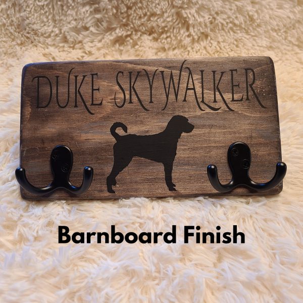 Dog Leash Holder with Name Duke Skywalker in Black Text with Barnboard Finish board and two black double hooks with black silhouette of a Labradoodle