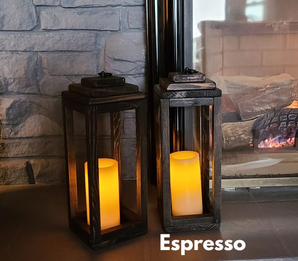 Hanging Lantern Candle Holders - 2 shown with L.E.D. Candles in front of Fireplace finished in Espresso