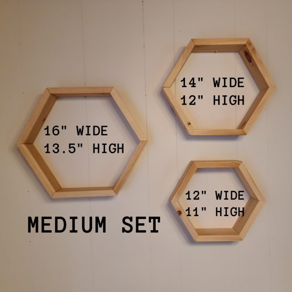 Hexagon Shelf Medium Set of 3, dimensions 16 inches x 13.5 inches high, 14 inches wide x 12 inches high, 12 inches wide by 11 inches high - natural pine