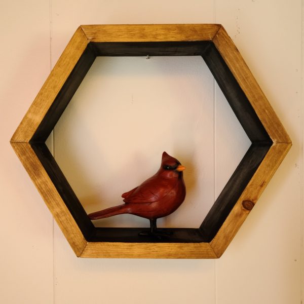 Hexagon Shelf finished in Classic outside black inside, red bird