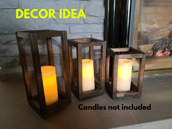 Wood Lantern Candle Holders Set of 3, Wedding Table Decor - displayed with L.E.D. Candles beside firecplace