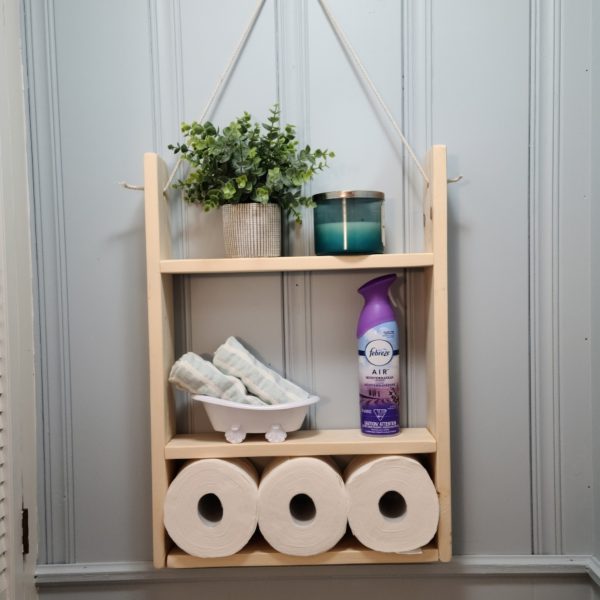 Ladder Shelf - Above Toilet Shelf - Storage solutions with 3 Shelves. Toilet Tissue on bottom shelf, larger middle section and top section.