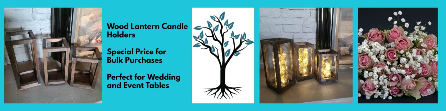 Banner - Wood Lantern Candle Holders, Set of 3 finished in Espresso, Special Price for Bulk Purchases, Perfect for Wedding and Event Tables, Logo of Tree, Set of 3 Wedding Lantern Candle Holders decorated with gold tissue and fairy lights beside fireplace, photo of flowers