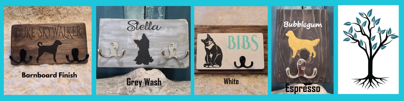 Banner - Dog Leash Holder Two Double, Personalized Dog Leash Holder Two Double Hooks, Cat Leash Holder with One Double Hook, Dog Leash Holder Personalized with single double chrome hook finished in Espresso - Logo Tree