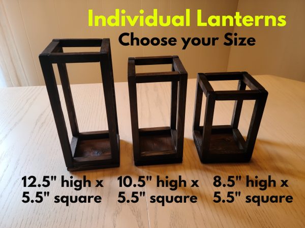 Wood Lantern Candle Holders, Table Centerpieces in Espresso shown in three sizes, small, medium & large with dimensions.
