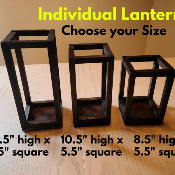 Wood Lantern Candle Holders, Table Centerpieces in Espresso shown in three sizes, small, medium & large with dimensions.