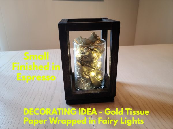 Wood Lantern Table Centerpiece - Small - Single finished in espresso shown with decor idea gold tissue and fairy lights