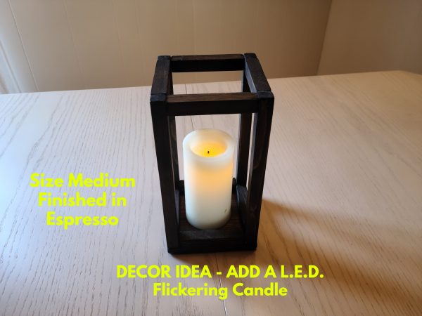 Wood Lantern Candle Holder Table Centerpiece - Single Medium Size - finished espresso - shown with idea of candle