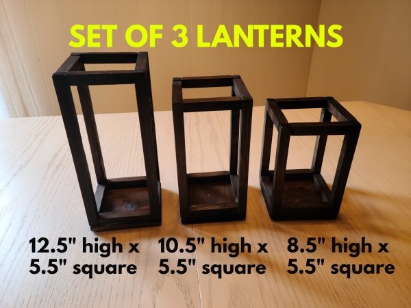 Wood Lantern Candle Holders - Wedding Table Decor in Espresso colour showing dimensions of each size.