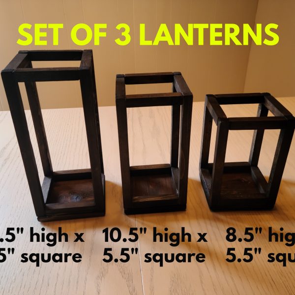 Wood Lantern Candle Holders - Wedding Table Decor in Espresso colour showing dimensions of each size.