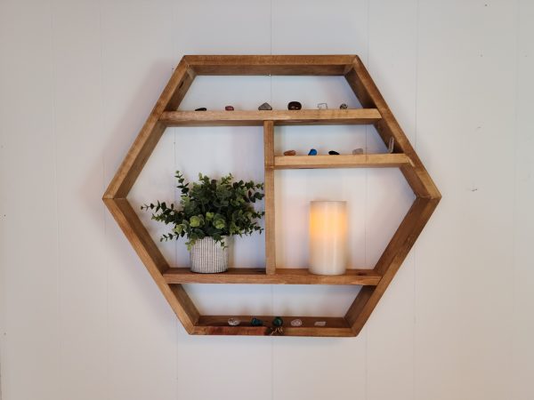 Hexagon Shelf, Crystal Shelf, displaying crystals, LED Candle and Plant